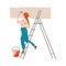 Young Woman on Ladder Painting the Wall in New Apartment Vector Illustration
