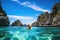 Young woman in the lagoon of El Nido, Palawan, Philippines, A young woman swimming in clear sea water in a lagoon and looking at a