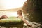 Young woman in lake on inflatable ring