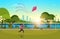 Young woman launching kite outdoors modern public park girl playing wind toy holiday concept cityscape sunset background