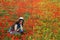 Young woman laying down in a daisy poppy field smiling in spring