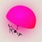 Young woman lies on floor with one leg leaning on chair and othe holding 3d neon pink hemisphere over pastel beige