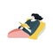 Young woman lies on yellow pillow with book Rest at home, distance studying and self education Books club World Book Day Flat