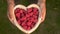 Young woman lifting a heart shaped wooden bowl of fresh red raspberries to camera