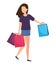 young woman lifting shopping bags character