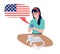 Young woman listening to american english course semi flat color vector character