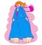 Young woman with long hair and fashion denim oversize blue pink clothes and shoes. Vector flat cartoon colors illustration of fash