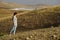 Young woman with long hair standing elegant in the middle of desert field on background of mountains, view from side