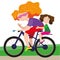 A young woman with long red hair rides a bicycle, behind her sits a little girl