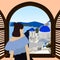 Young woman is looking out of the window at the sea and village. Window with view of Greece and Santorini.