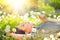 Young woman lying on the field in green grass and blowing dandelion