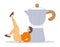 A young woman lying on the ground and leaning on a huge coffee pot or coffee maker. Beautiful funny coffee drinker girl