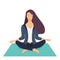 Young woman making meditation in lotus pose with closed eyes. Beautiful girl relaxes, practicing yoga on the mat. Vector flat