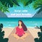 Young woman making meditation in lotus pose with closed eyes. Beautiful girl relaxes, practicing yoga on the seashore, surrounded