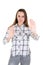 Young woman making a rejection pose hand sign stop refusal with both palm