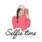 Young woman making selfie. Casual lifestyle girl with camera making photo. Cute city character design. Simple modern