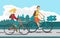 Young woman and man ride bike on highway. Healthy leisure