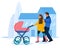 Young woman and man with stroller.Parents are walking with infant baby in city.Pram on urban background.Happiness of Childhood.