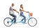 Young woman and a mature man in white t-shirts and jeans riding a tandem bicycle