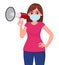 Young woman in medical face mask, showing megaphone. Girl holding loudspeaker or bullhorn. Female character design. Corona virus