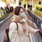 Young woman in medical mask on escalator in shopping mall store