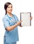 Young woman in medical suit stand with folder