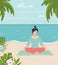 Young woman meditates on the beach. Peaceful female character doing yoga on the seashore