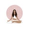 A young woman meditates in the lotus position on the background of the sacred symbol of yoga, the flower of life.
