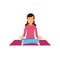 Young woman meditating with closed eyes and crossed legs. Female sitting in lotus yoga pose. Cartoon flat style girl