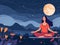 Young woman meditating in lotus pose at night. illustration. Generative AI