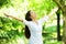 Young woman meditating with open arms