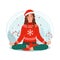Young woman meditating and sitting in lotus on the winter natural background. Girl wearing a scandinavian sweater and a Santa hat