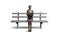 Young woman with megaphone on wooden bench