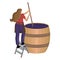 A young woman mixes and shakes grape pulp in a large wooden VAT. Winemaking, batonnage, maceration, fermentation