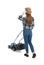 Young woman with modern lawn mower on white background, back view
