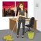 Young woman mopping floor with bucket and mop in office