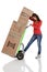 Young woman moving boxes with with a hand truck or dolly.