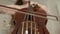 Young woman musician with bow in hands playing cello at home, blurred