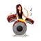 Young woman musician sitting and playing drums vector illustration