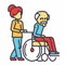 Young woman nurse strolling with elder man in wheelchair, social help concept.