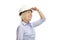 Young woman in office clothes and a construction helmet looks into the distance. Close-up. White background