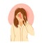 Young woman in office clothes suffering from cluster headache and pain, pressing hand to her throbbing eye. Vector hand