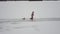 A young woman in overalls runs with a dog in the snow in winter. Shooting from a quadcopter