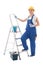 Young woman painter in blue builder uniform with ladder and tool