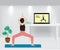 Young woman performing Yoga Online Fitness. female cartoon character demonstrating various positions At Home Stay Safe Background