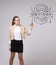 Young woman, physics teacher draws a diagram of the electric field