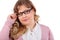 Young woman in pink blouse and glasses