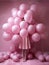 Young woman in pink dress hiding behind pink balloons in front of a pink wall. Generative AI