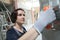 Young woman plasterer working