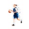 Young woman playing basketball. She runs and dribbles, low poly isolated vector illustration, geometric drawing. Female basketball